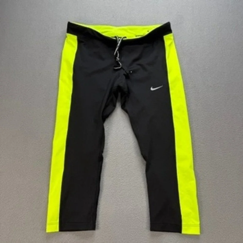 Nike Running Leggings Dri-FIT Crop Tight Fit Small Black Yellow Neon Athletic